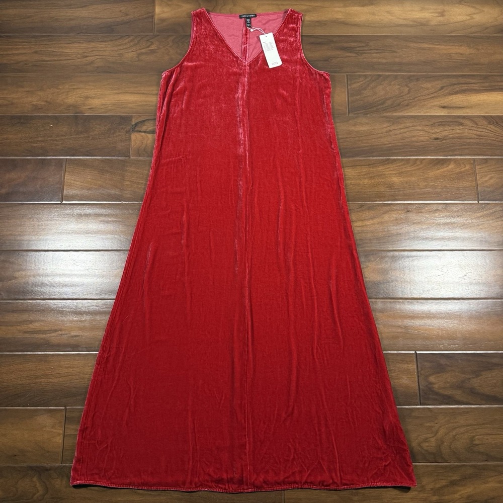 Eileen Fisher Women's Size XS Scarlett Red Velvet V‎ Neck Sleeveless Midi Dress